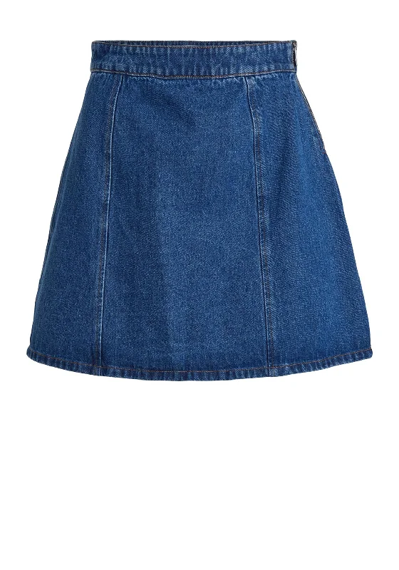 Vila Nelly Denim Mini Skirt, Medium Blue Denim floral skirt print