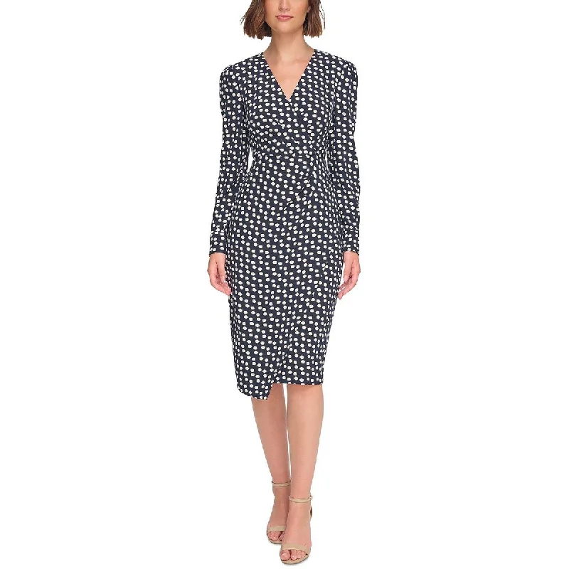 Womens Faux Wrap Top Polka Dot Wear To Work Dress Cowl Neckline Elegant