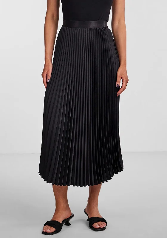 Y.A.S Celine Pleated Midi Skirt, Black silk skirt elegant