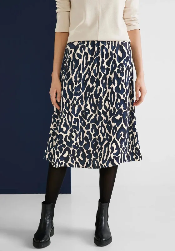 Street One Satin Leopard Print Midi Skirt, Deep Blue silk skirt luxurious