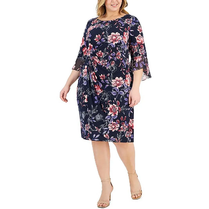 Plus Womens Floral Print Gathered Sheath Dress Tunics Solid Classic