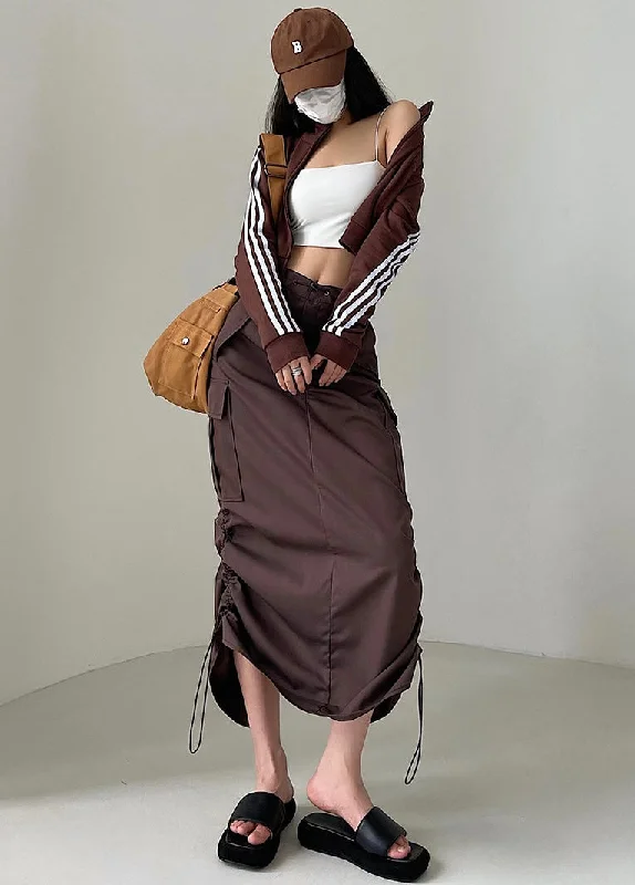 Elle Solid Color Ruched High Waist Cargo Long Drawstring Parachute Skirt casual skirt length