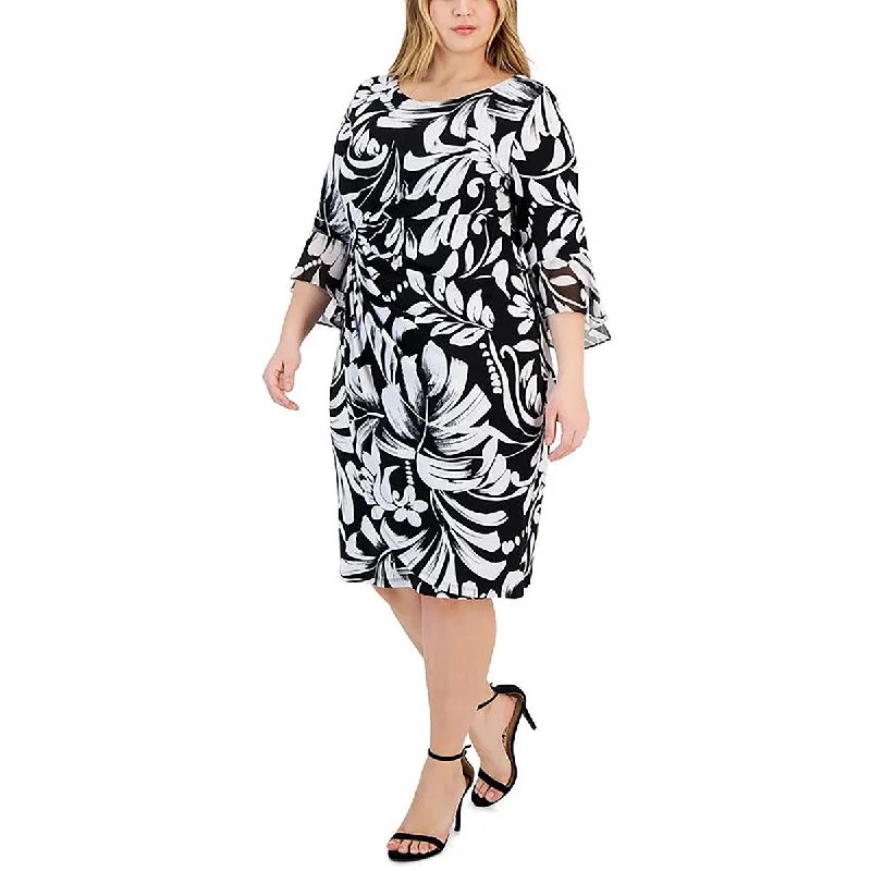 Plus Womens Printed Bell Sleeve Sheath Dress Tunics Versatile functional