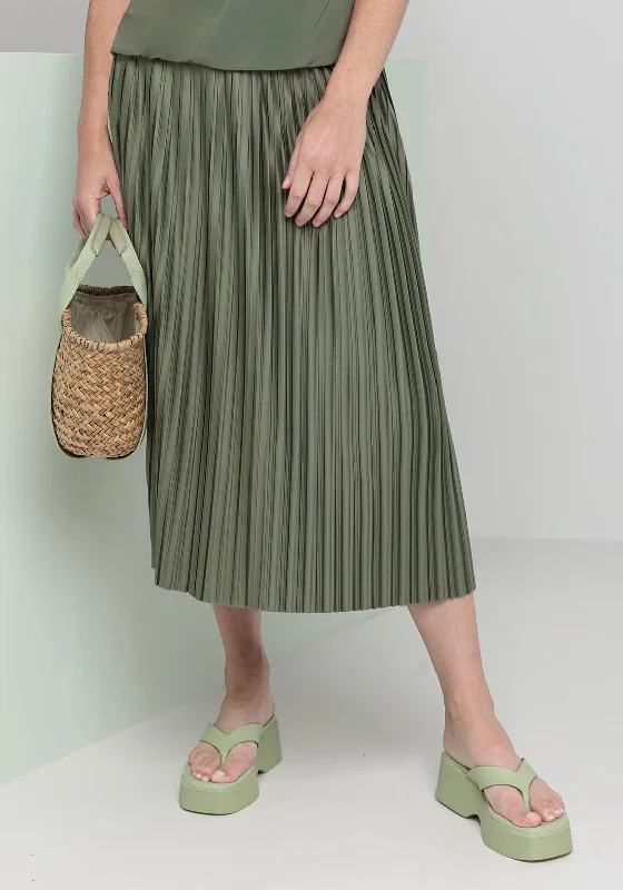 Bianca Klea Pleated Logo Waist Midi Skirt, Green chiffon skirt lightweight