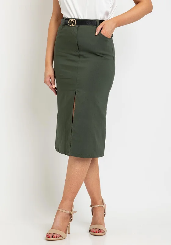 The Serafina Collection One Size Polly Midi Skirt, Khaki leather skirt refined