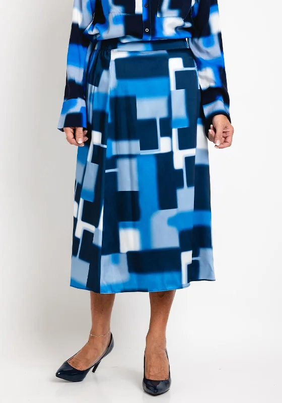 Gerry Weber Semi Pleated Blurred Check Midi Skirt, Blue tiered skirt playful