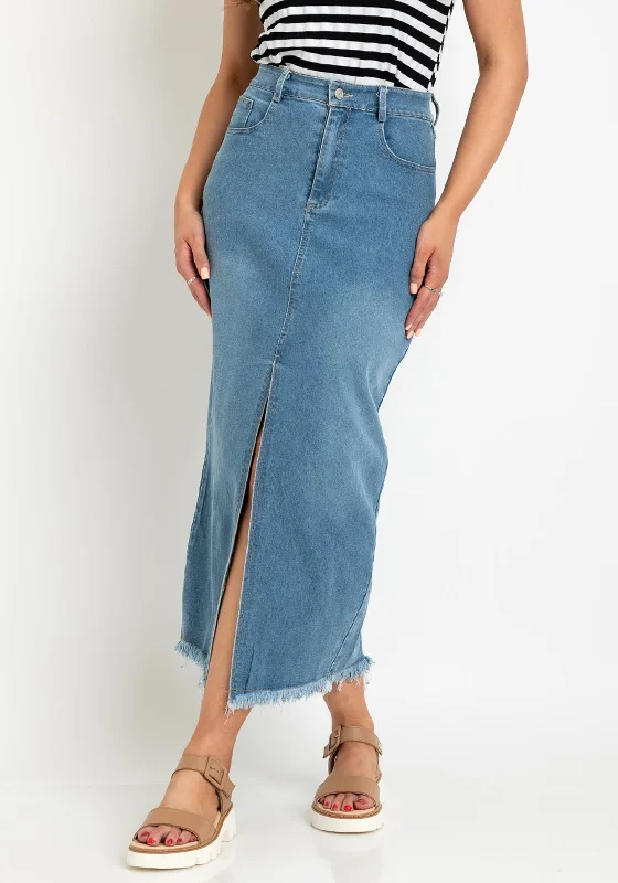 Serafina Collection Slit Front Midi Skirt, Mid Wash Denim corduroy skirt textured