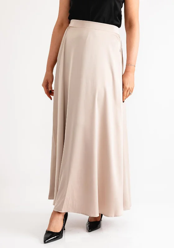 Serafina Collection Satin Maxi Skirt, Beige satin skirt smooth