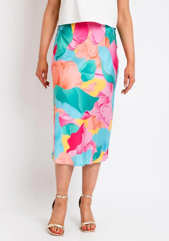 Vila Dinna Satin Printed Midi Skirt, Tigerlily silk skirt lustrous