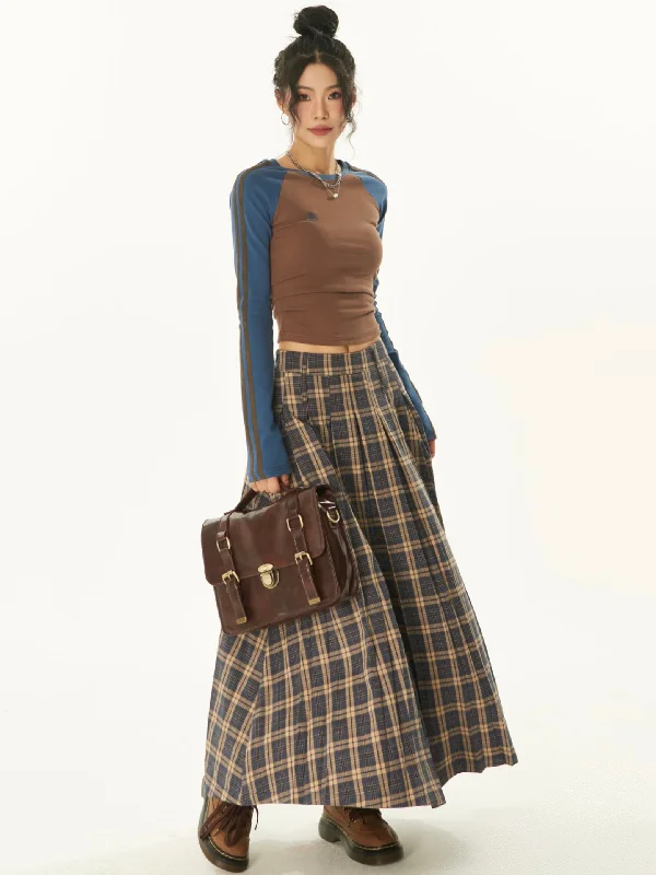 Jaslyn Plaid High Waist Pleated Long Maxi Skirt denim skirt stylish