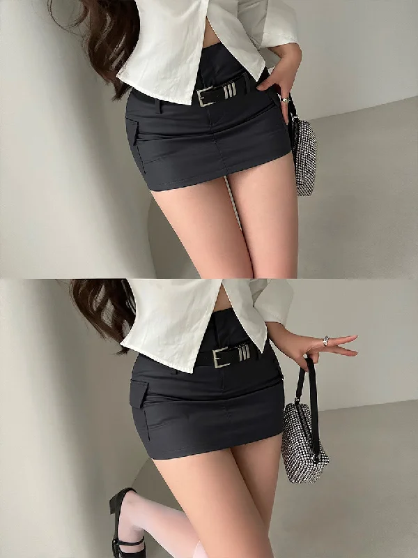 Kelsy Solid Color High Waist Slim Waist Belt Mini Skirt a-line skirt cut