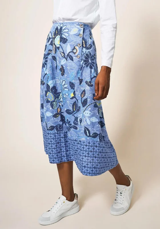 White Stuff Ciara Print Linen Skirt, Blue chiffon skirt flowing