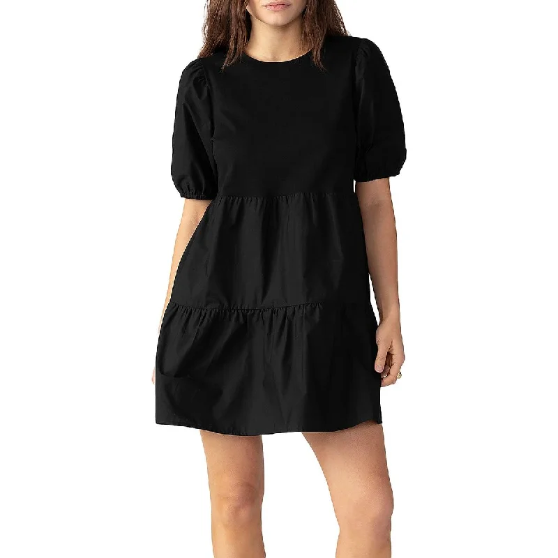 Womens Puff Sleeve Mini Shift Dress Tunics Chic fashionable