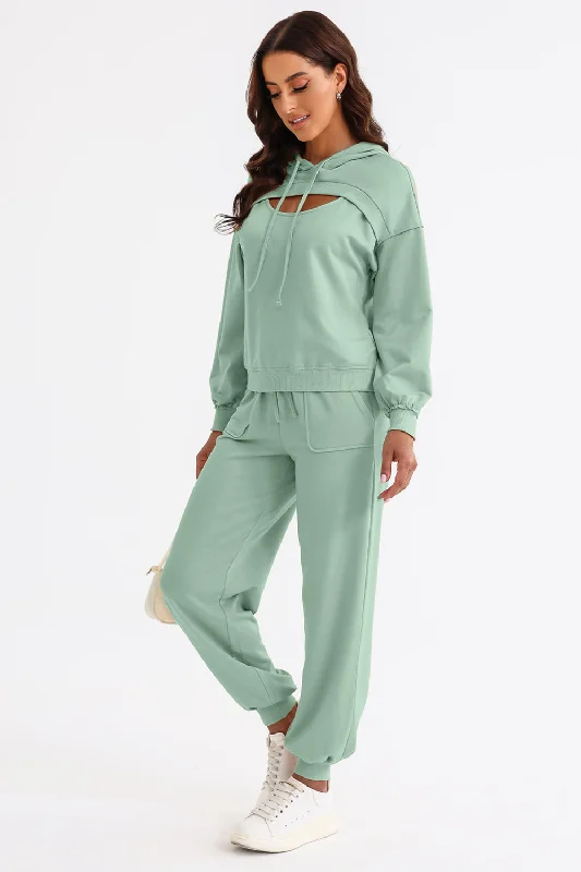 Shoreline Boutique Cutout Drawstring Hoodie and Joggers Set Hoodie with Bell Sleeves Flared Feminine