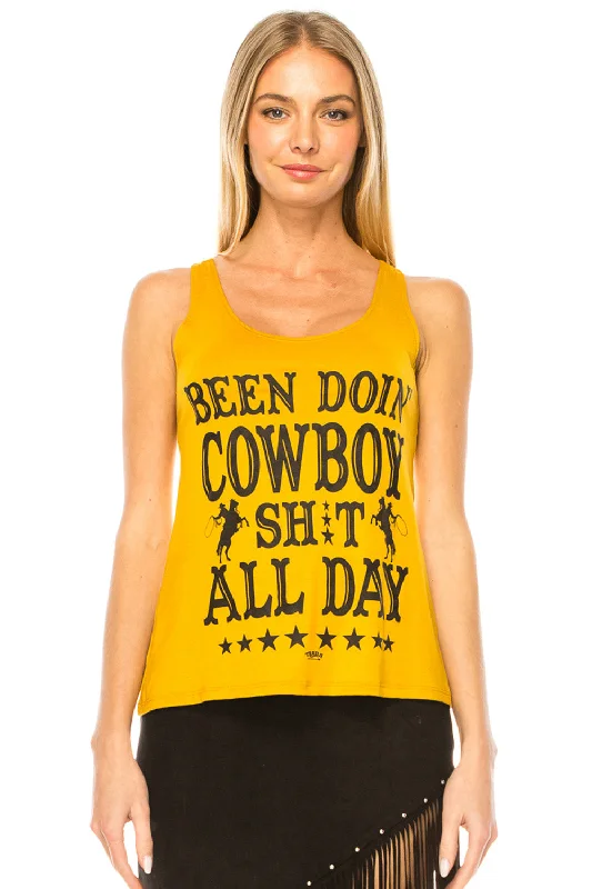 BEEN DOIN' COWBOY SH*T ALL DAY YELLOW TANK TOP flowy tank top