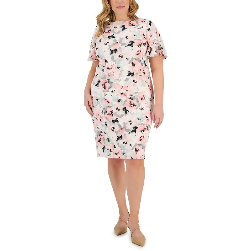 Plus Womens Floral Print Midi Wear To Work Dress Tunics Ceremony elegant