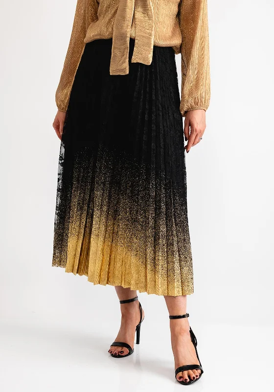 Serafina Collection One Size Pleated Lace Midi Skirt, Black and Gold silk skirt lustrous