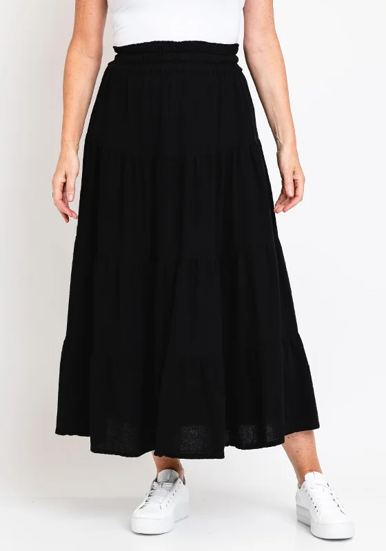 One Life Spirit Tiered Maxi Skirt, Black velvet skirt luxurious