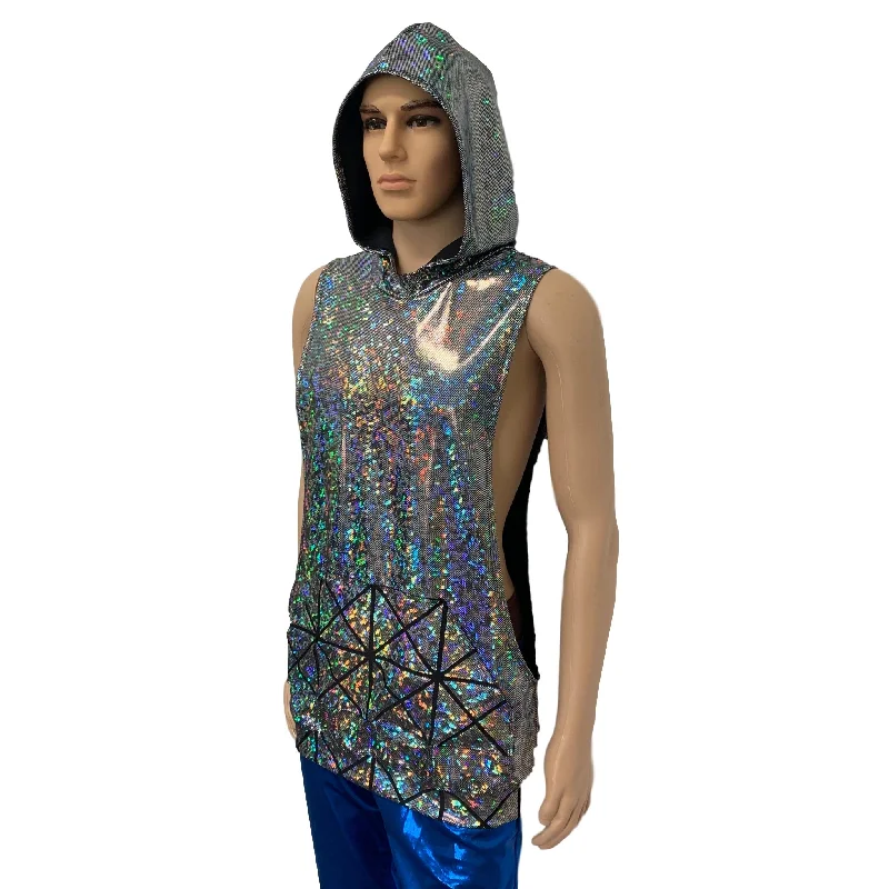 Unisex Muscle Tank Hoodie in Silver Shattered Glass/Glass Pane Pocket Shirt Hoodie with Thumb Holes Functional Cozy