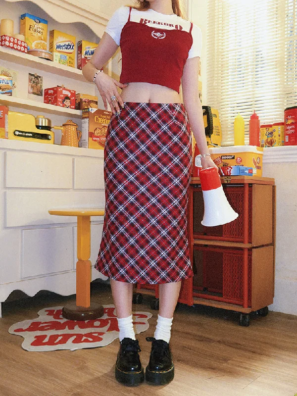 BeerBro American Preppy Pattern Vintage Plaid High Waist Midi Skirt high waist skirt