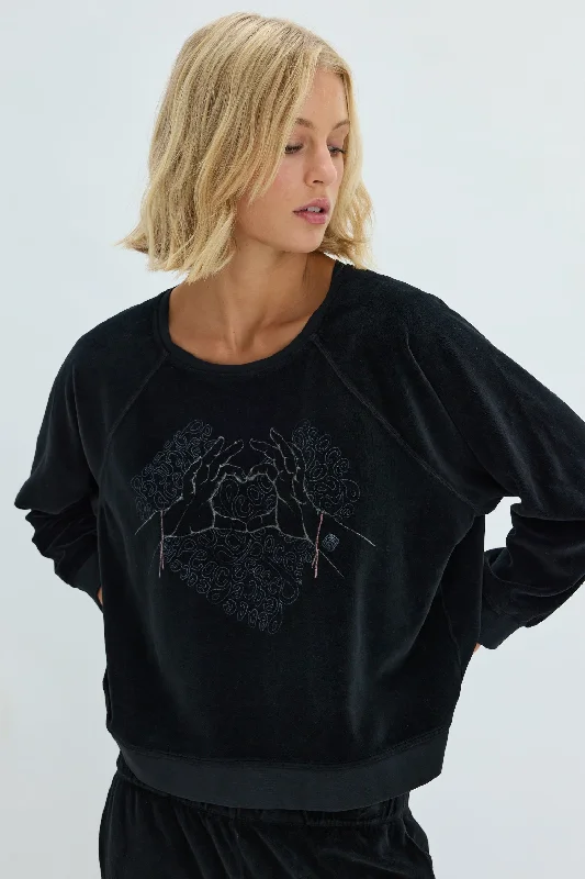 Velour Black Muse Graphic Sweatshirt Hoodie with Bell Sleeves Flared Feminine