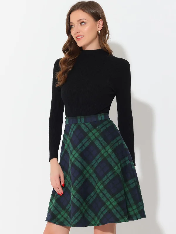 Vintage Plaid Tartan Elastic Waist Knee Length A-Line Skirt casual skirt length