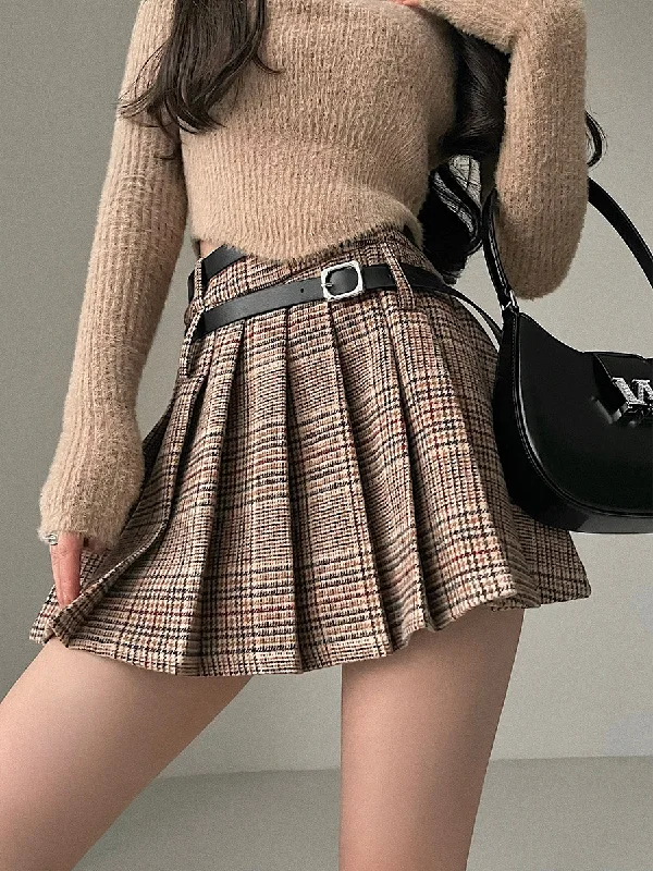 Amaris Plaid Brown Double Belts Pleated Mini Skirt boho skirt vibe