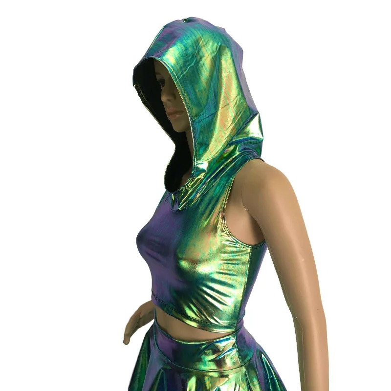 Sleeveless Cropped Hoodie - Oil Slick Holographic Hoodie with High-Low Hem Asymmetrical Trendy