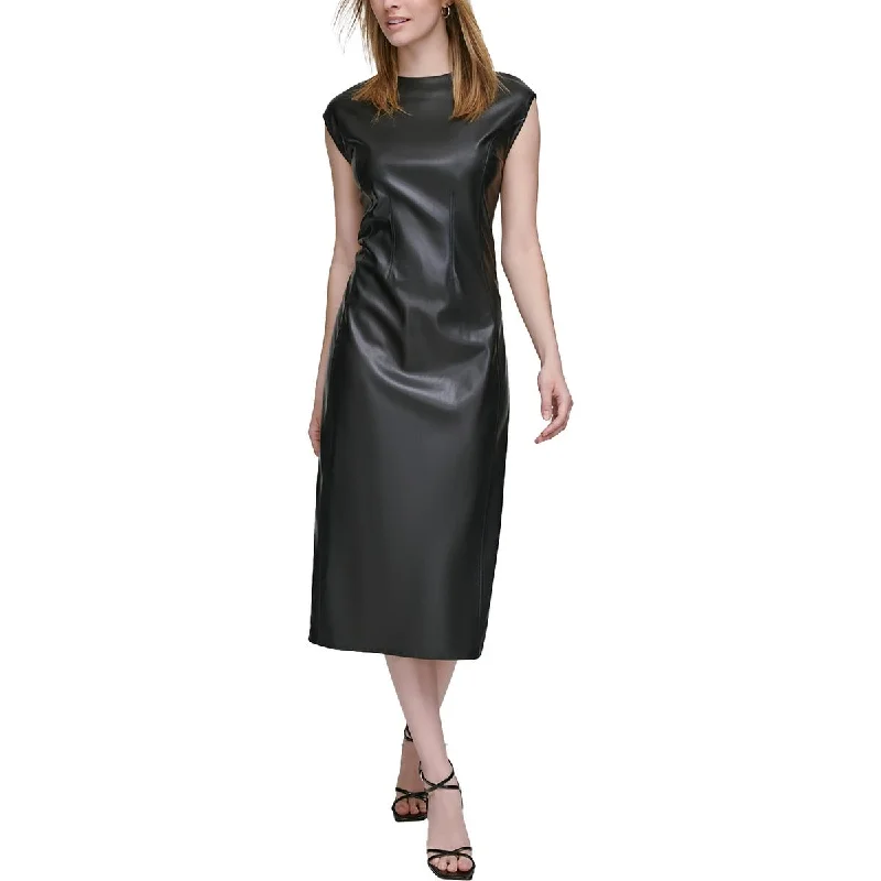 Womens Solid Faux Leather Sheath Dress Tunics Vintage classic