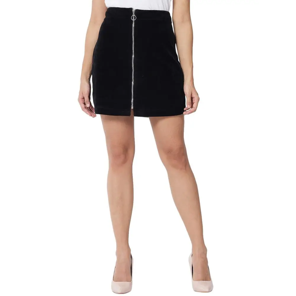 TRENDARREST Women's Polyester Solid Zipper Velvet Pencil Mini Skirt linen skirt relaxed