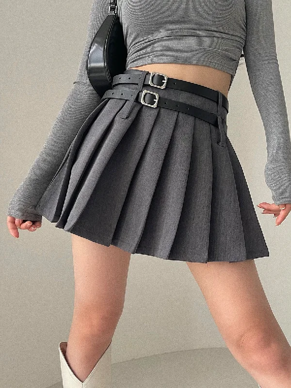 Amaris Solid Color Double Mini Belt Pleated Mini Skirt silk skirt sleek