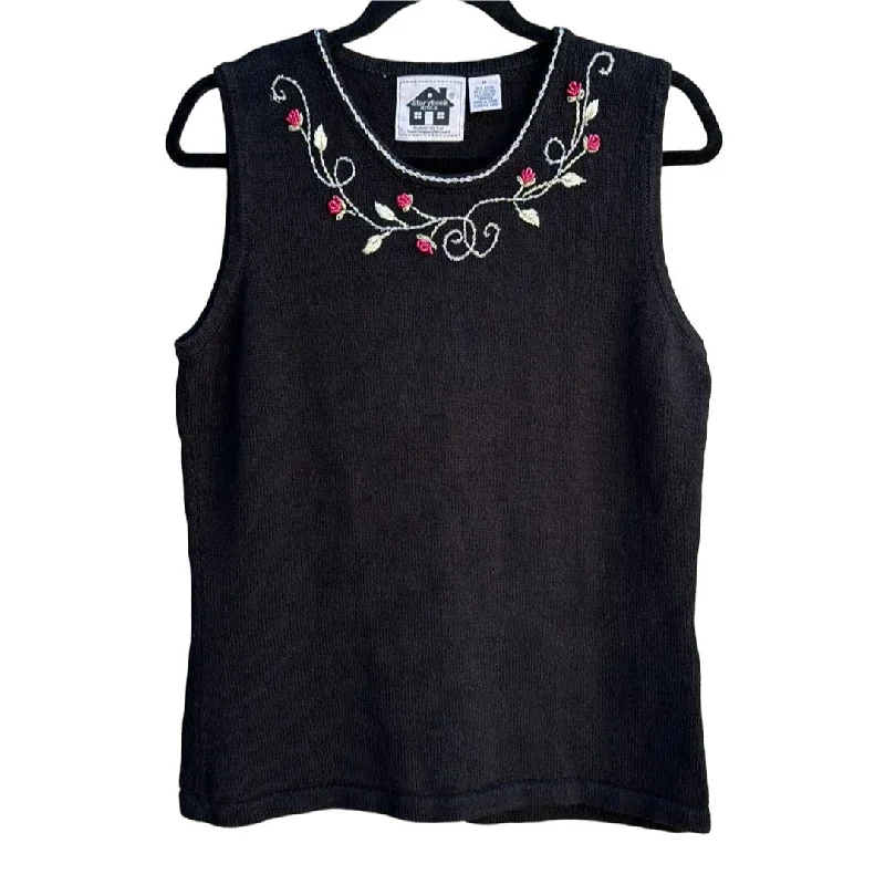 Storybook Knits Embroidered Floral Black Tank Top Ramie & Cotton Blend Ladies M soft pink tank