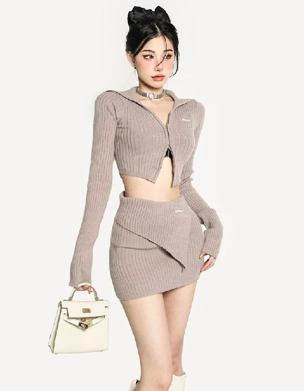 Jazmyn Solid Color Ribbed Light Brown Zip Up Long Sleeve Top Slim Mini Skirt Matching Set high slit skirt