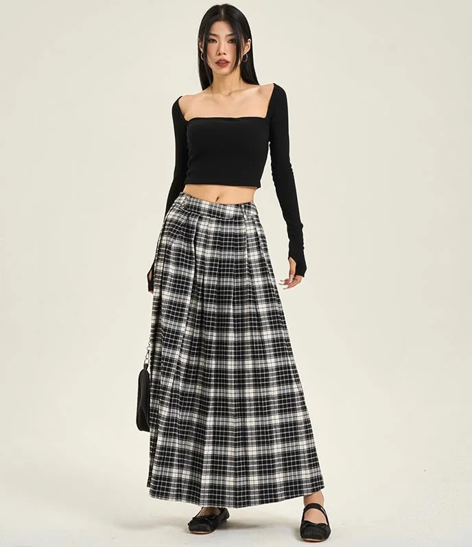 Heidi Black Plaid Long High Waisted Pleated Skirt lace skirt romantic