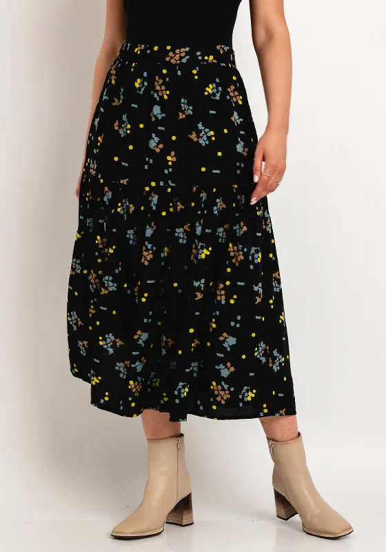 White Stuff Jamima Patterned A-line Midi Skirt, Black silk skirt lustrous