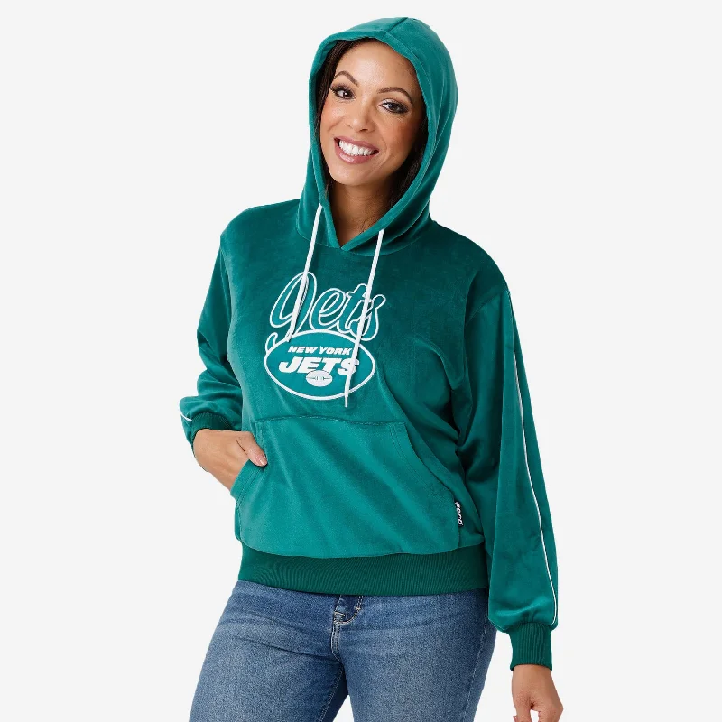 New York Jets 2019 Retro Womens Velour Hooded Sweatshirt Hoodie with Raw Hem Edgy Unfinished