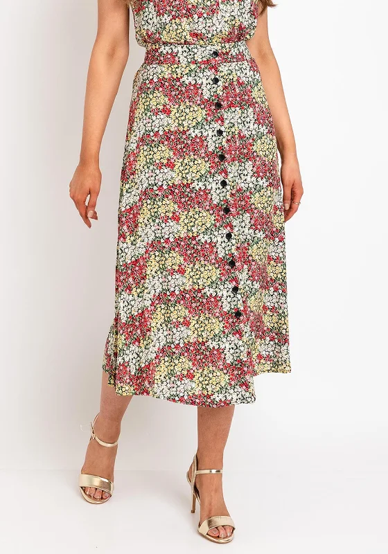 Fransa Floral Button Front Midi Skirt, Multi leather skirt durable