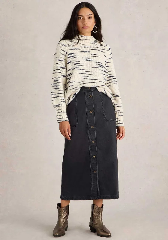 White Stuff Colleen Button Down Denim Midi Skirt, Black floral skirt print