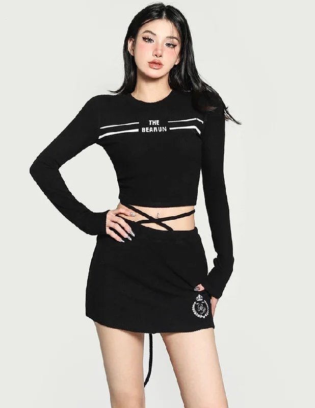 THE BEARUN Letter Embroidery Solid Color Black Long Sleeve Cropped Top Lace Up Mini Skirt Matching Set ruffled skirt detail