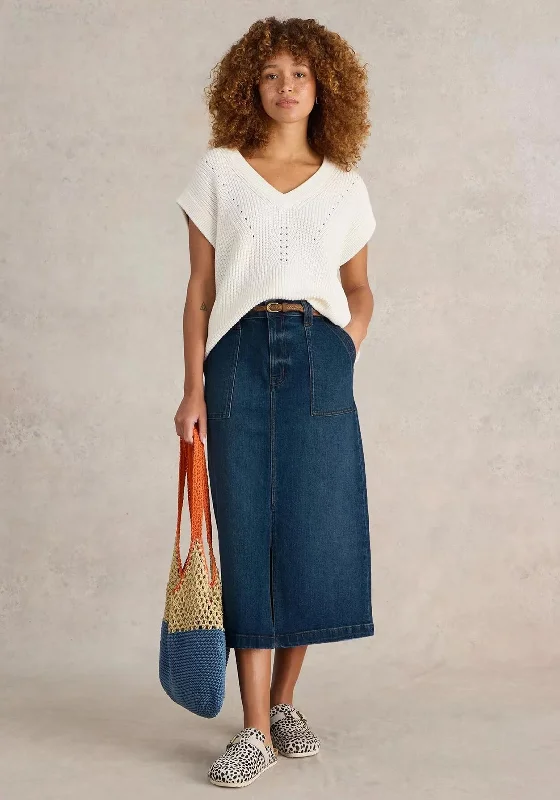 White Stuff Maren Denim Midi Skirt, Blue silk skirt sleek