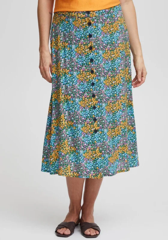 Fransa Floral Button Front Midi Skirt, Blue Multi silk skirt smooth