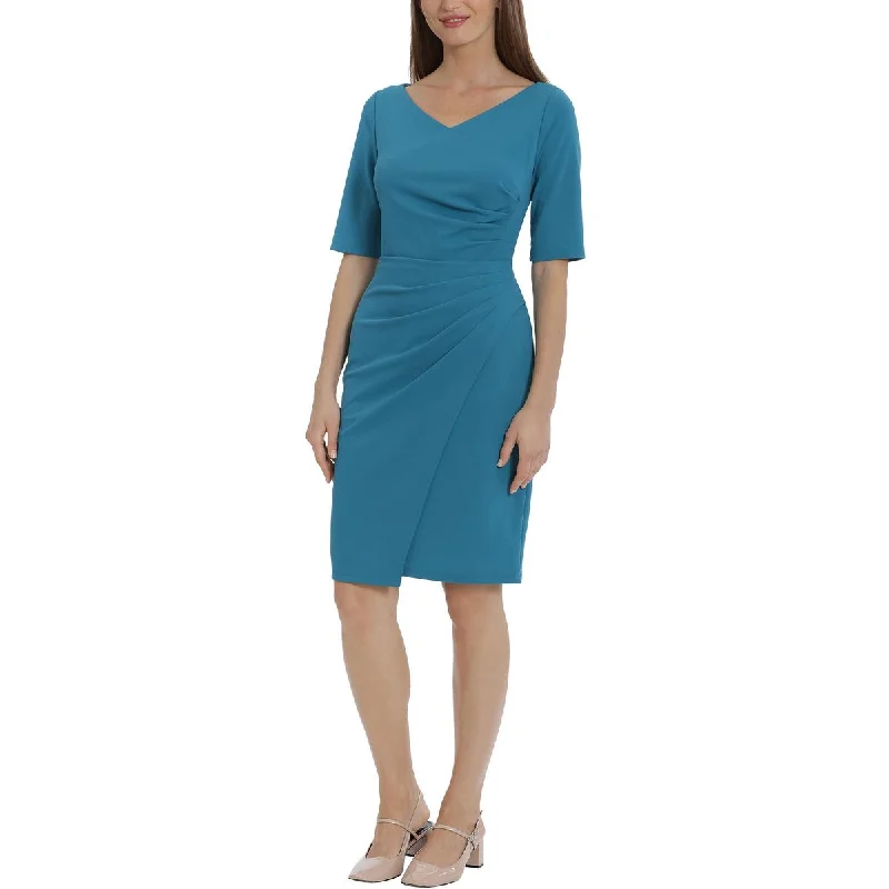 Womens Faux Wrap Midi Sheath Dress Tunics Satin smooth