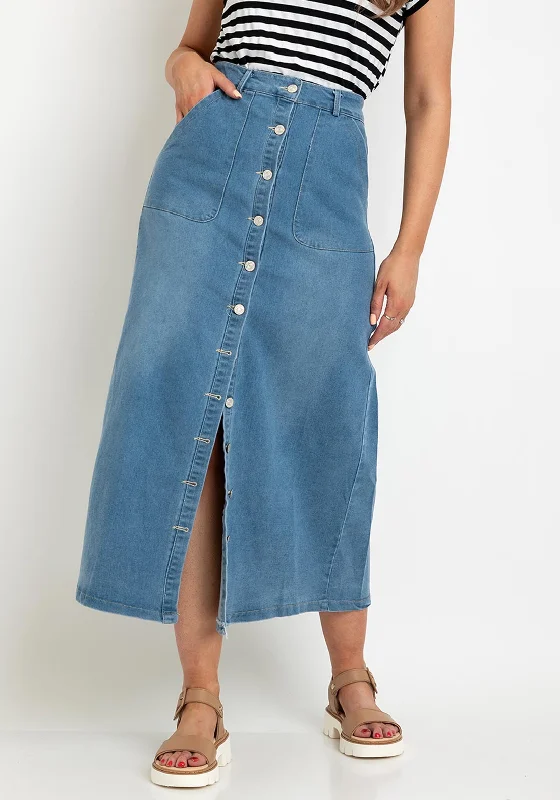 Serafina Collection Soft Stretch Maxi Skirt, Blue Denim velvet skirt glossy