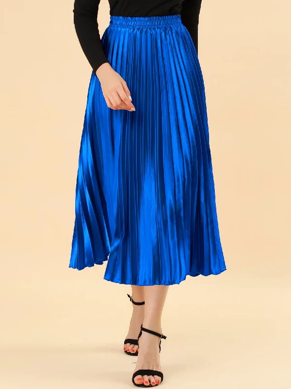 Elastic Waist Metallic Shiny Accordion Pleated Midi Skirt modal blend skirt