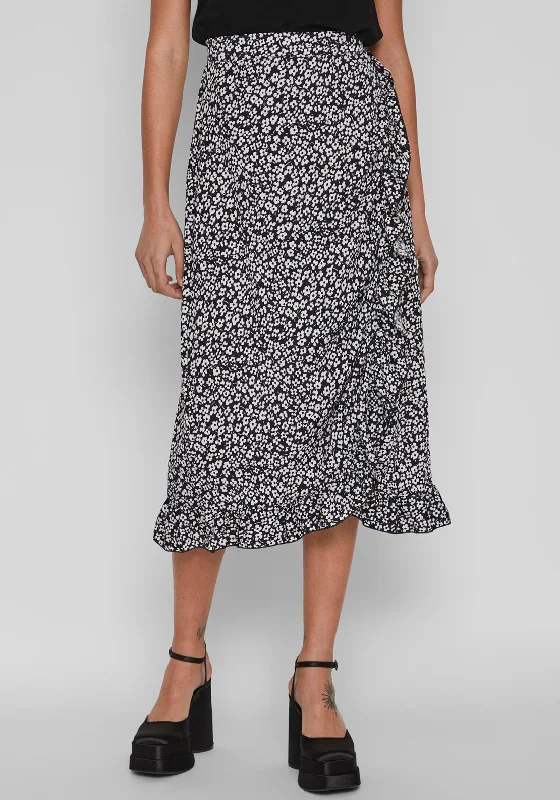 Vila Ditsy Floral Wrap Midi Skirt, Black silk skirt lustrous