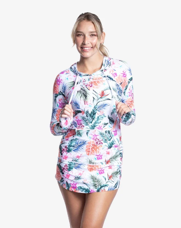 BloqUV x JANTZEN Collab: Women's UPF 50+ Hoodie Dress (2009J) - Hawaiian Terrace Hoodie with V-Neck Classic Versatile