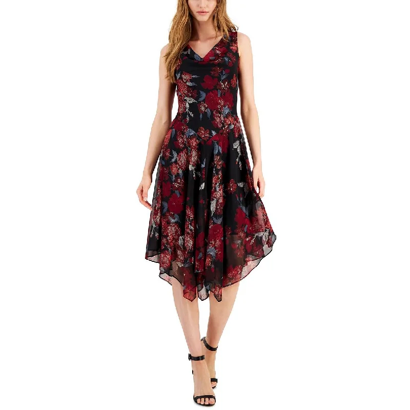 Petites Womens Handkerchief Hem Floral Fit & Flare Dress Tunics Modern contemporary