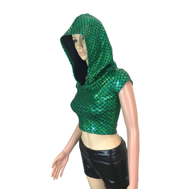 Cap Sleeve Cropped Hoodie - Green Mermaid Scale Hoodie with Stripes Bold Sporty