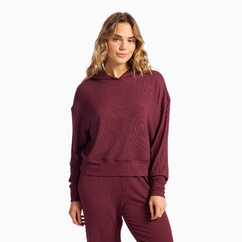 Slinky Rib Hoodie | Merlot Hoodie with Puffed Sleeves Voluminous Trendy