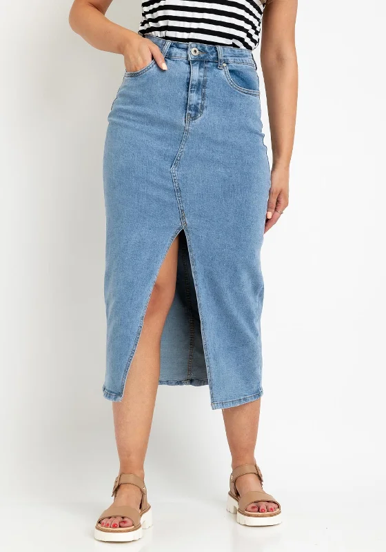 The Serafina Collection Slit Detail Midi Skirt, Mid Wash Denim linen skirt natural